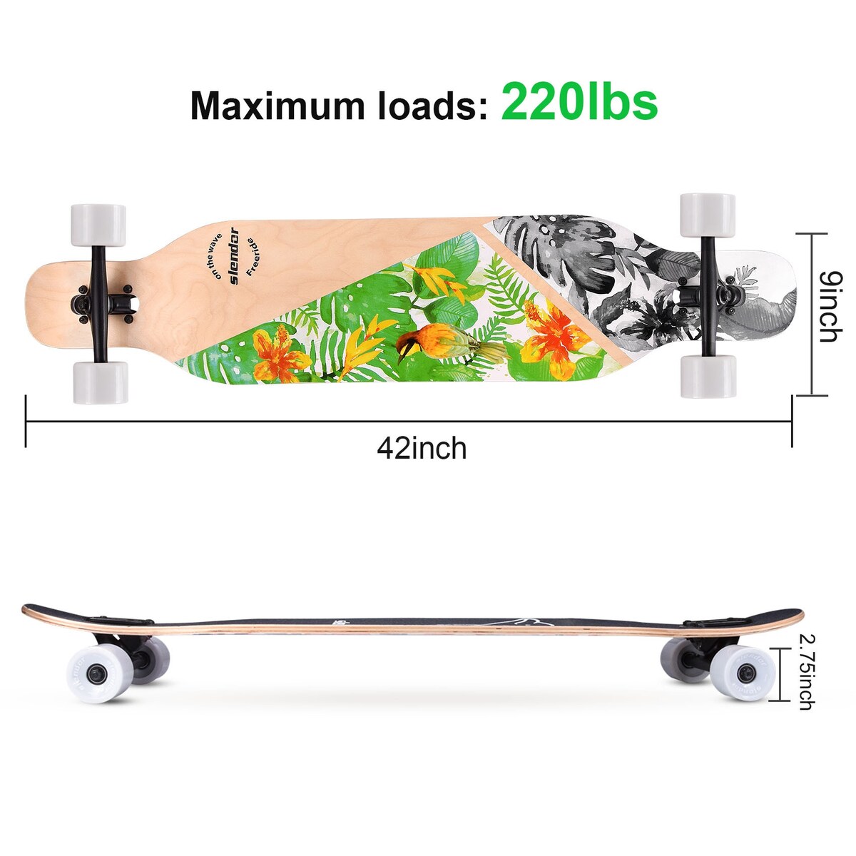 42 in. Green Longboard Skateboard Drop Through Deck Complete Maple Cruiser Freestyle, Camber Concave