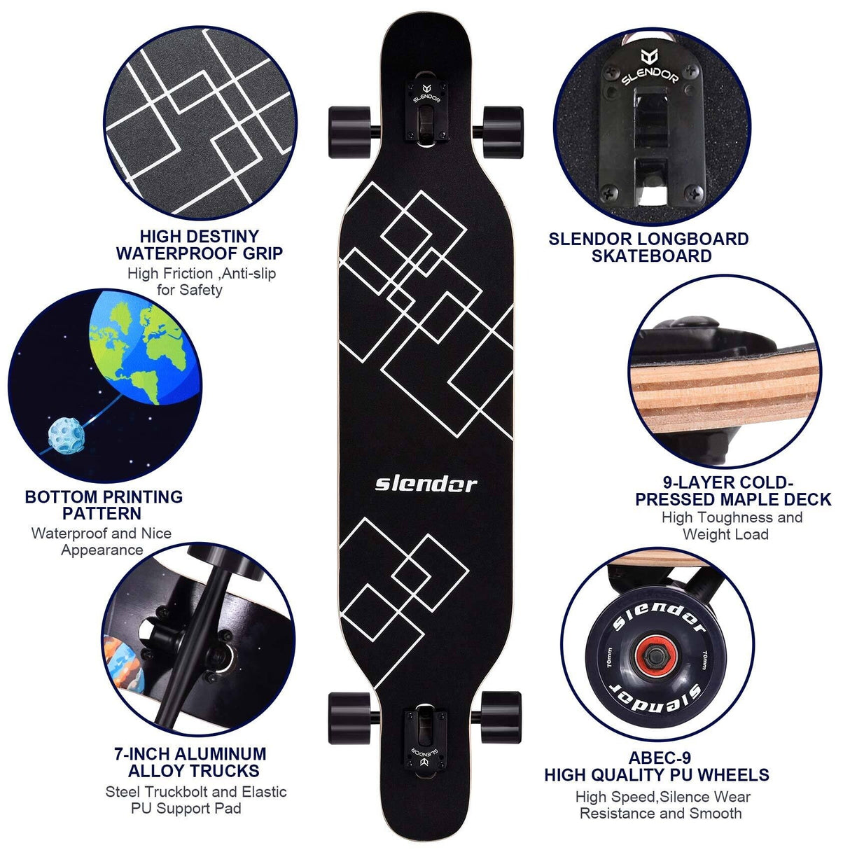 42 in. Planet Longboard Skateboard Drop Through Deck Complete Maple Cruiser Freestyle, Camber Concave