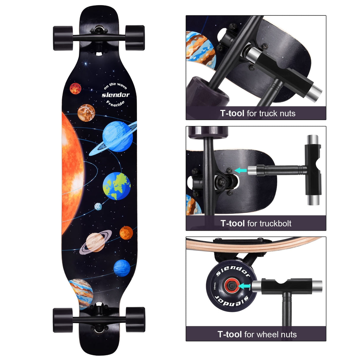 42 in. Planet Longboard Skateboard Drop Through Deck Complete Maple Cruiser Freestyle, Camber Concave