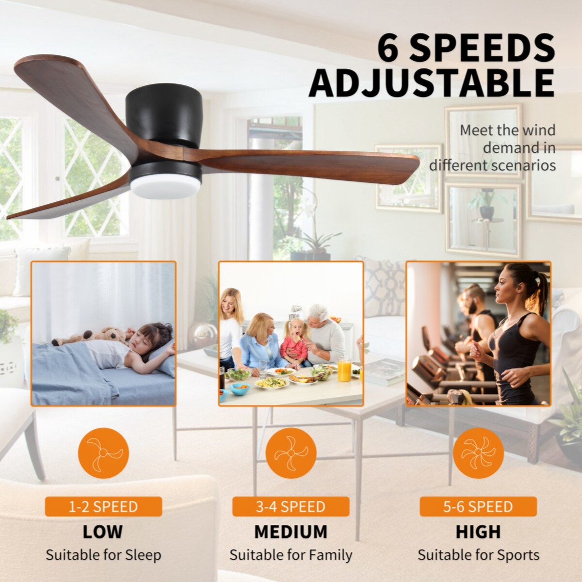 42 inch Black Wood Ceiling Fans with Lights and Remote, Modern Flush Mount Low Profile Ceiling Fan with Light, 6 Speed