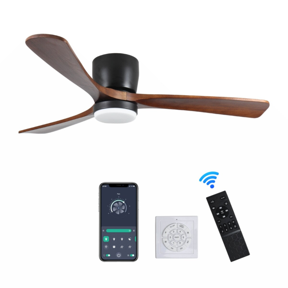42 inch Black Wood Ceiling Fans with Lights and Remote, Modern Flush Mount Low Profile Ceiling Fan with Light, 6 Speed
