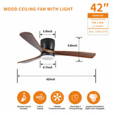 42 inch Black Wood Ceiling Fans with Lights and Remote, Modern Flush Mount Low Profile Ceiling Fan with Light, 6 Speed