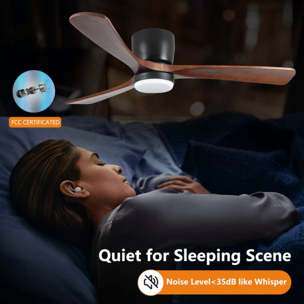 42 inch Black Wood Ceiling Fans with Lights and Remote, Modern Flush Mount Low Profile Ceiling Fan with Light, 6 Speed