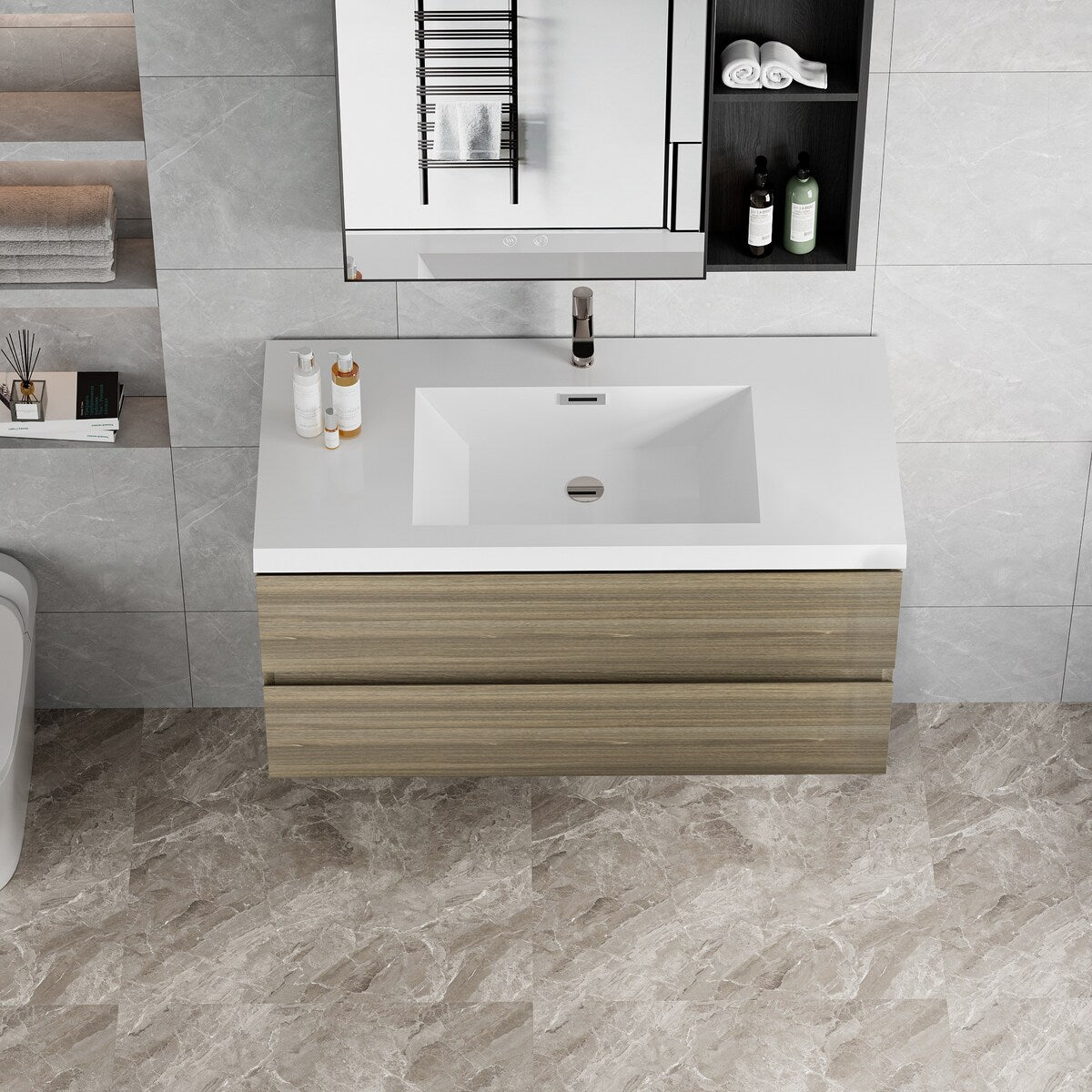42"Bathroom Vanity with Sink,Modern Wall-Mounted Bathroom Storage Vanity Cabinet with Resin Top Basin and Soft Close Drawers