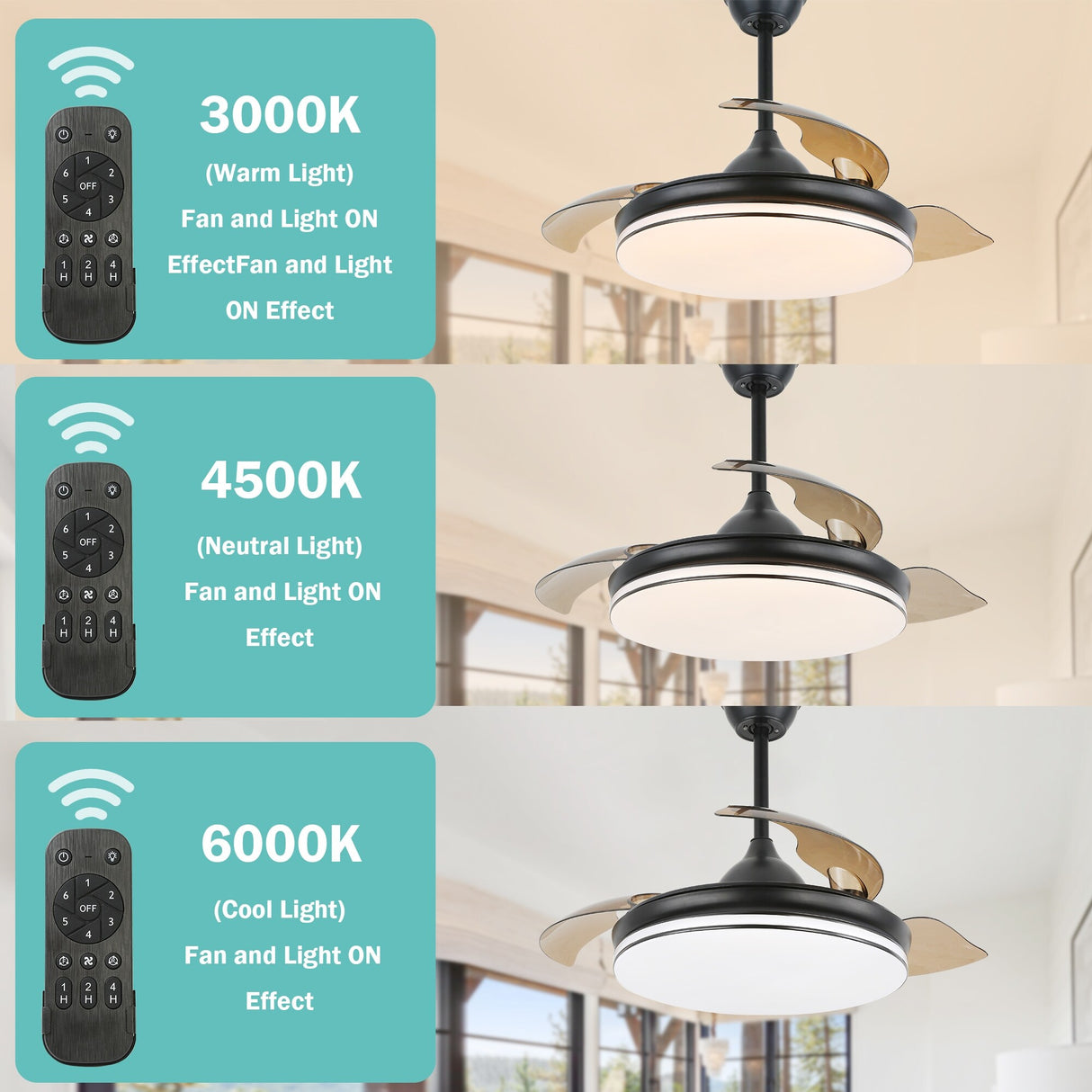 Cusp Barn 42" Retractable Ceiling Fan with Lights and Remote 3-Blade CCT Dimmable LED Ceiling Light
