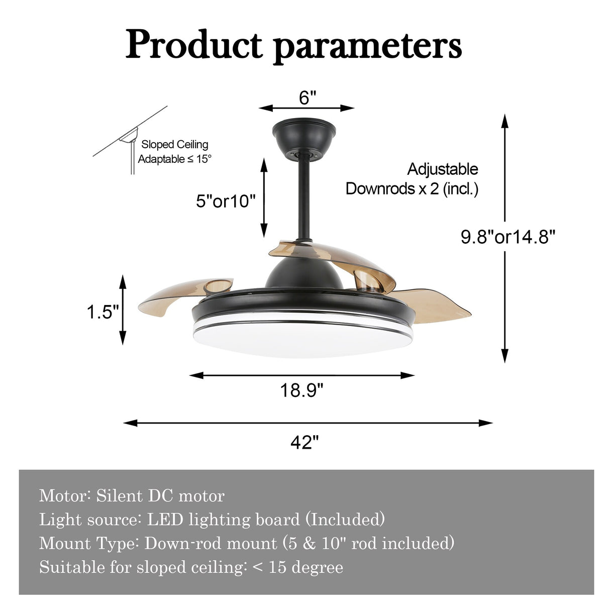 Cusp Barn 42" Retractable Ceiling Fan with Lights and Remote 3-Blade CCT Dimmable LED Ceiling Light