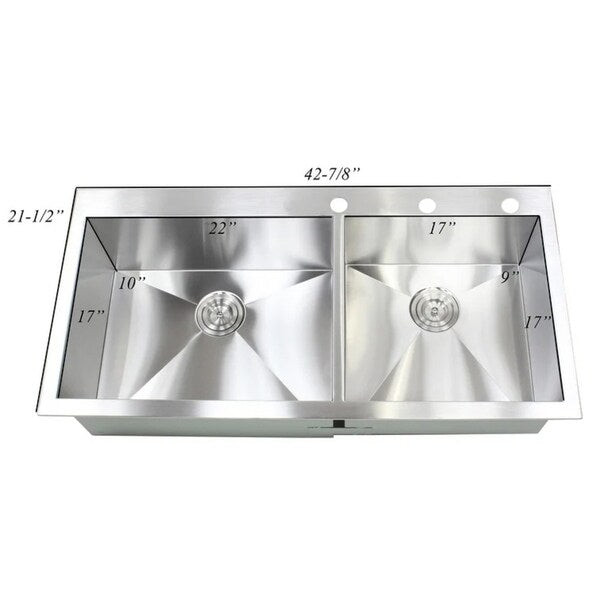 43-inch 16 Gauge Stainless Steel Brushed Nickel Double Bowl 60/40 Topmount Drop-in Zero Radius Kitchen Sink With Pull-Out Faucet