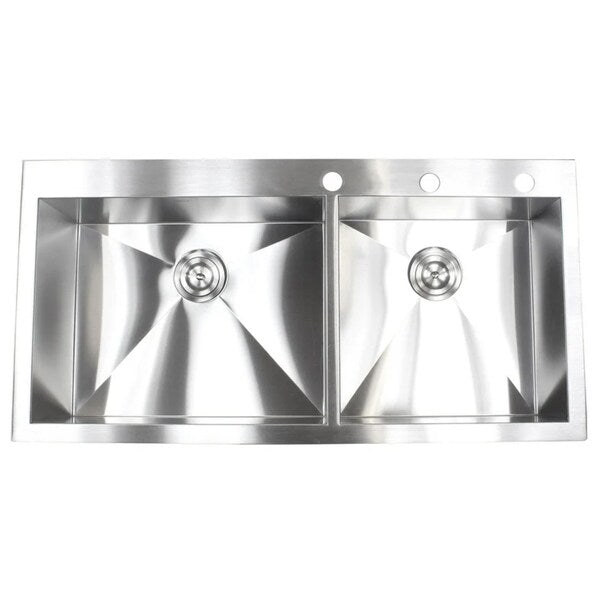 43-inch 16 Gauge Stainless Steel Brushed Nickel Double Bowl 60/40 Topmount Drop-in Zero Radius Kitchen Sink With Pull-Out Faucet