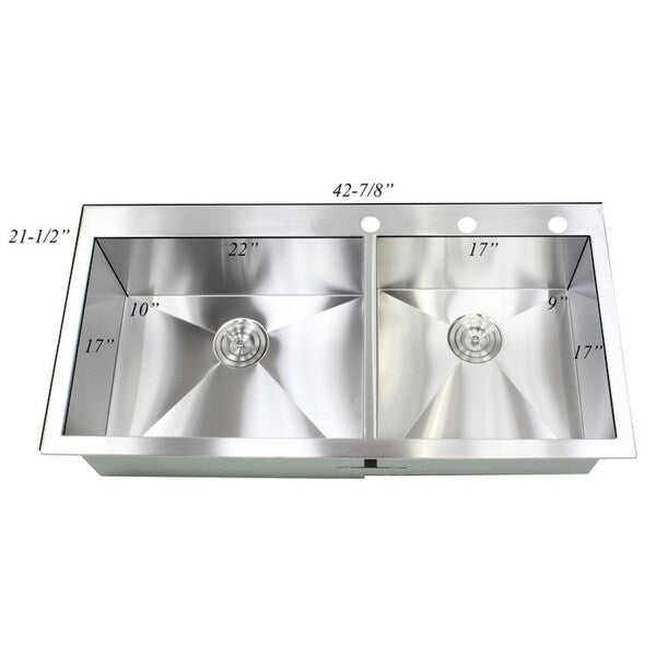 43-inch 16 Gauge Stainless Steel Double Bowl 60/40 Topmount Drop-in Zero Radius Kitchen Island Bar Sink