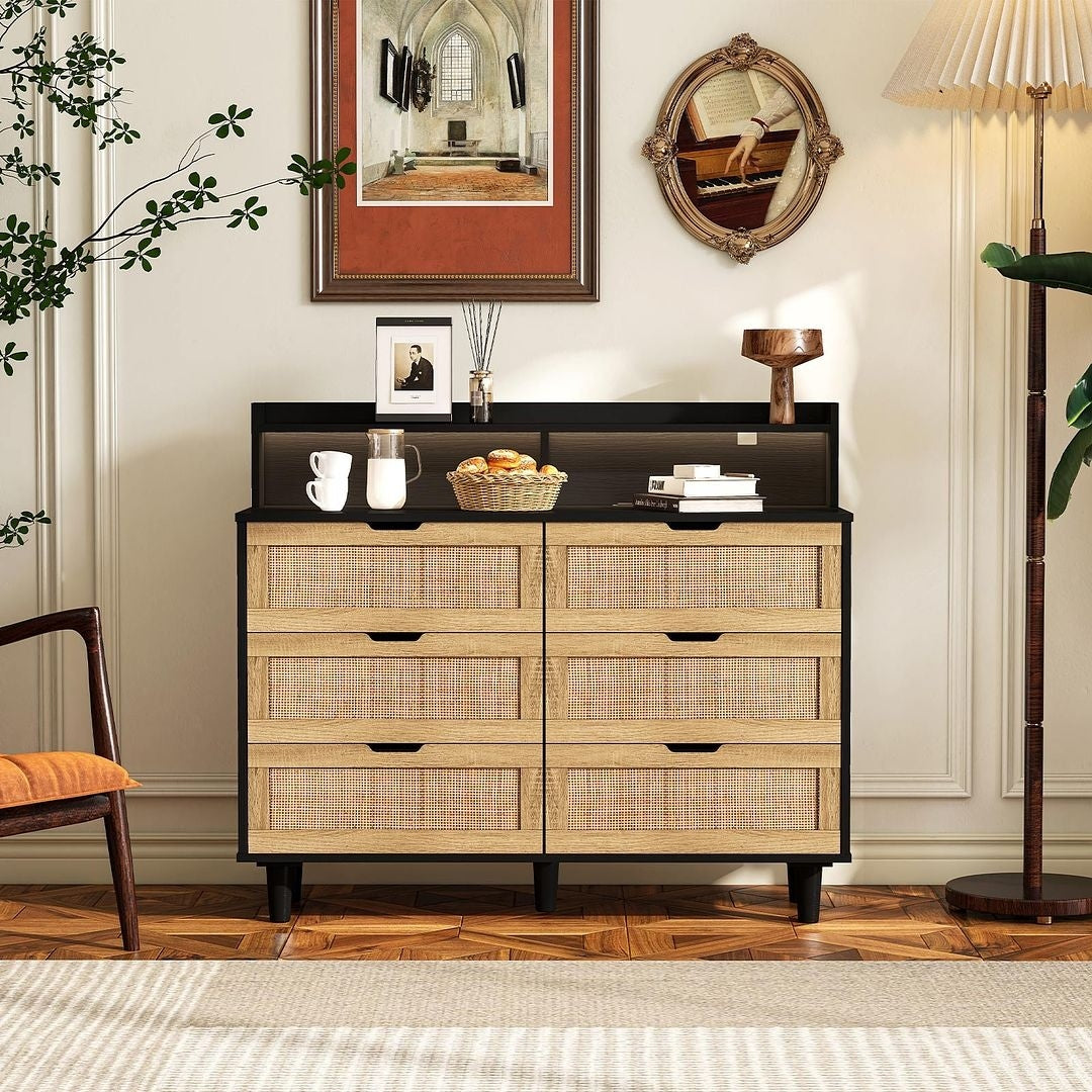 43-inch Wide 6-Drawer Dresser Cabinet with LED and Power Outlet