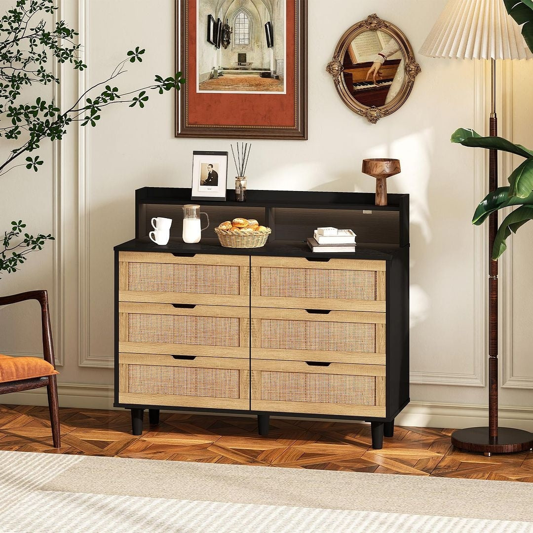 43-inch Wide 6-Drawer Dresser Cabinet with LED and Power Outlet