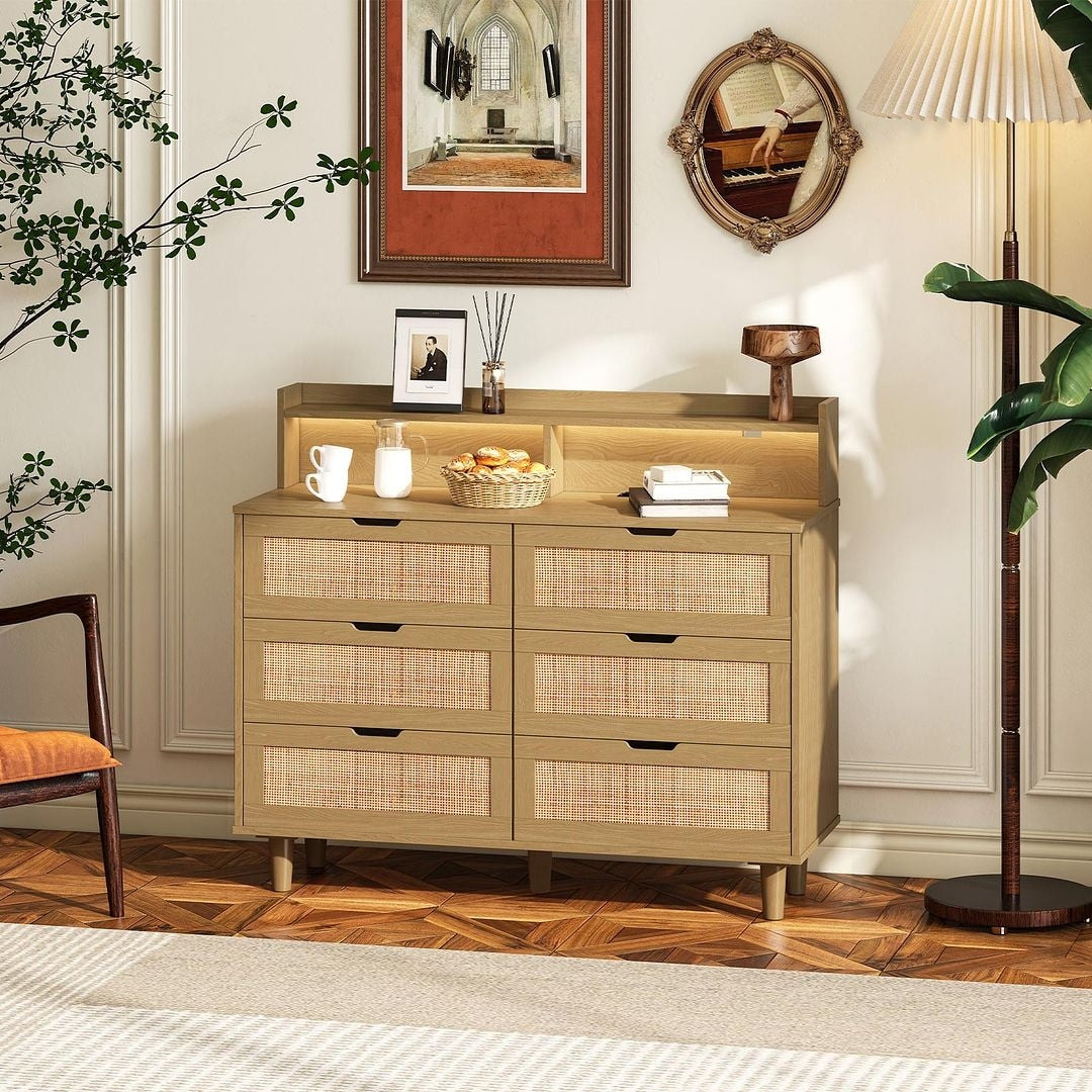43-inch Wide 6-Drawer Dresser Cabinet with LED and Power Outlet
