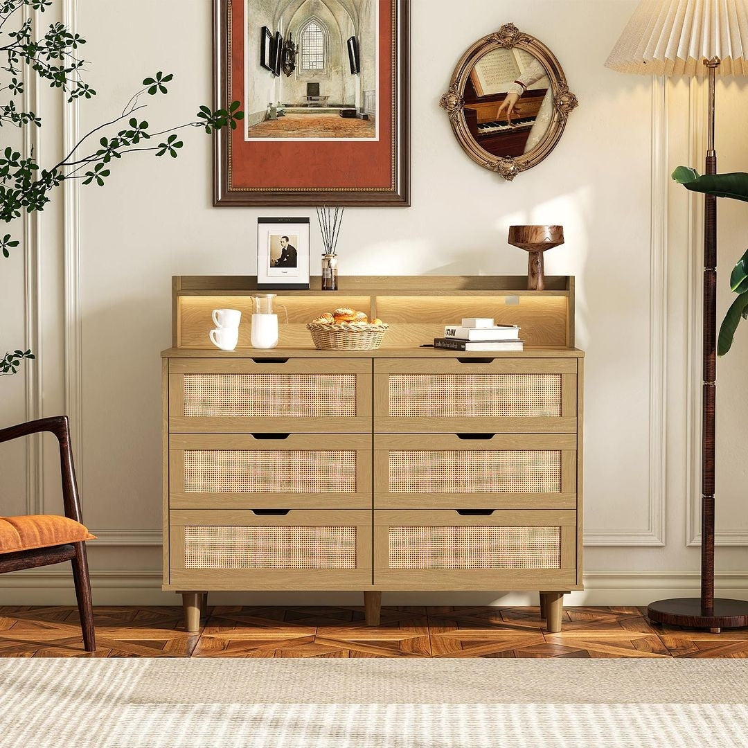 43-inch Wide 6-Drawer Dresser Cabinet with LED and Power Outlet