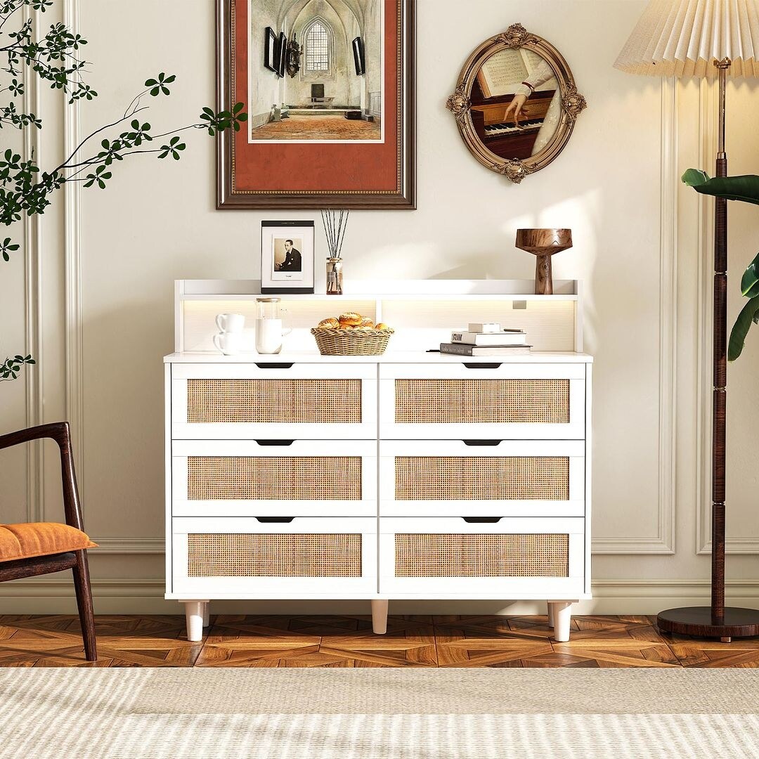 43-inch Wide 6-Drawer Dresser Cabinet with LED and Power Outlet