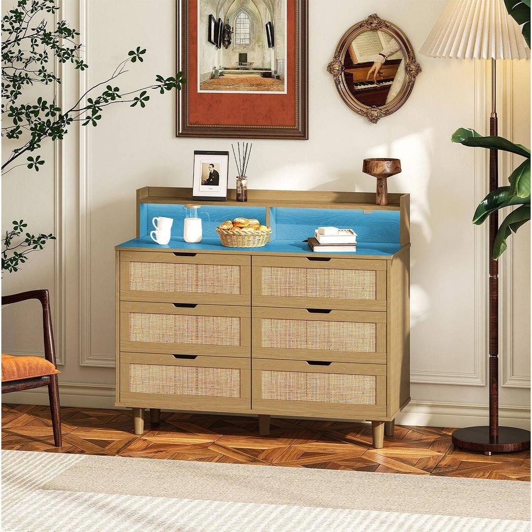 43-inch Wide 6-Drawer Dresser Cabinet with LED and Power Outlet
