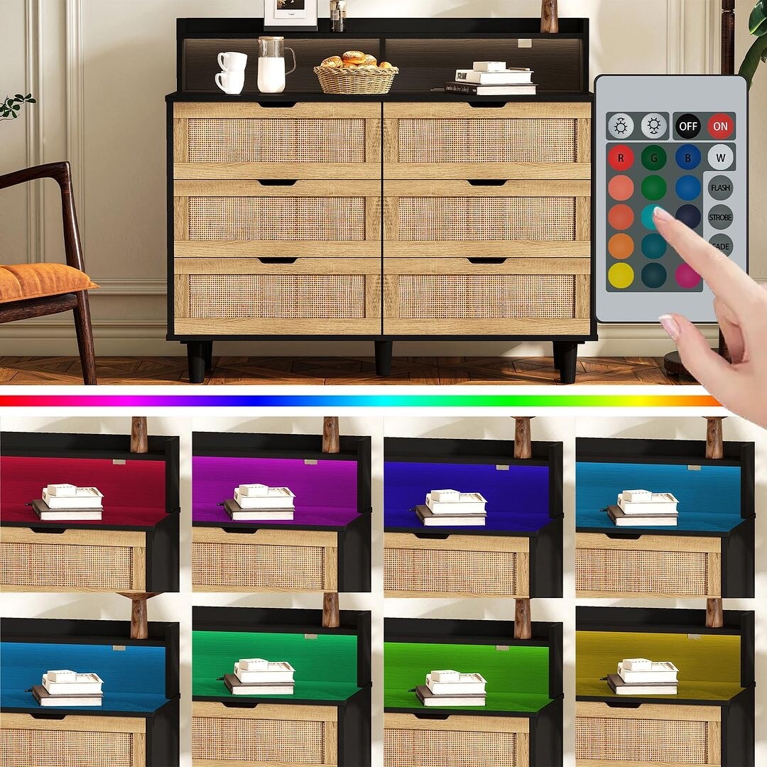 43-inch Wide 6-Drawer Dresser Cabinet with LED and Power Outlet