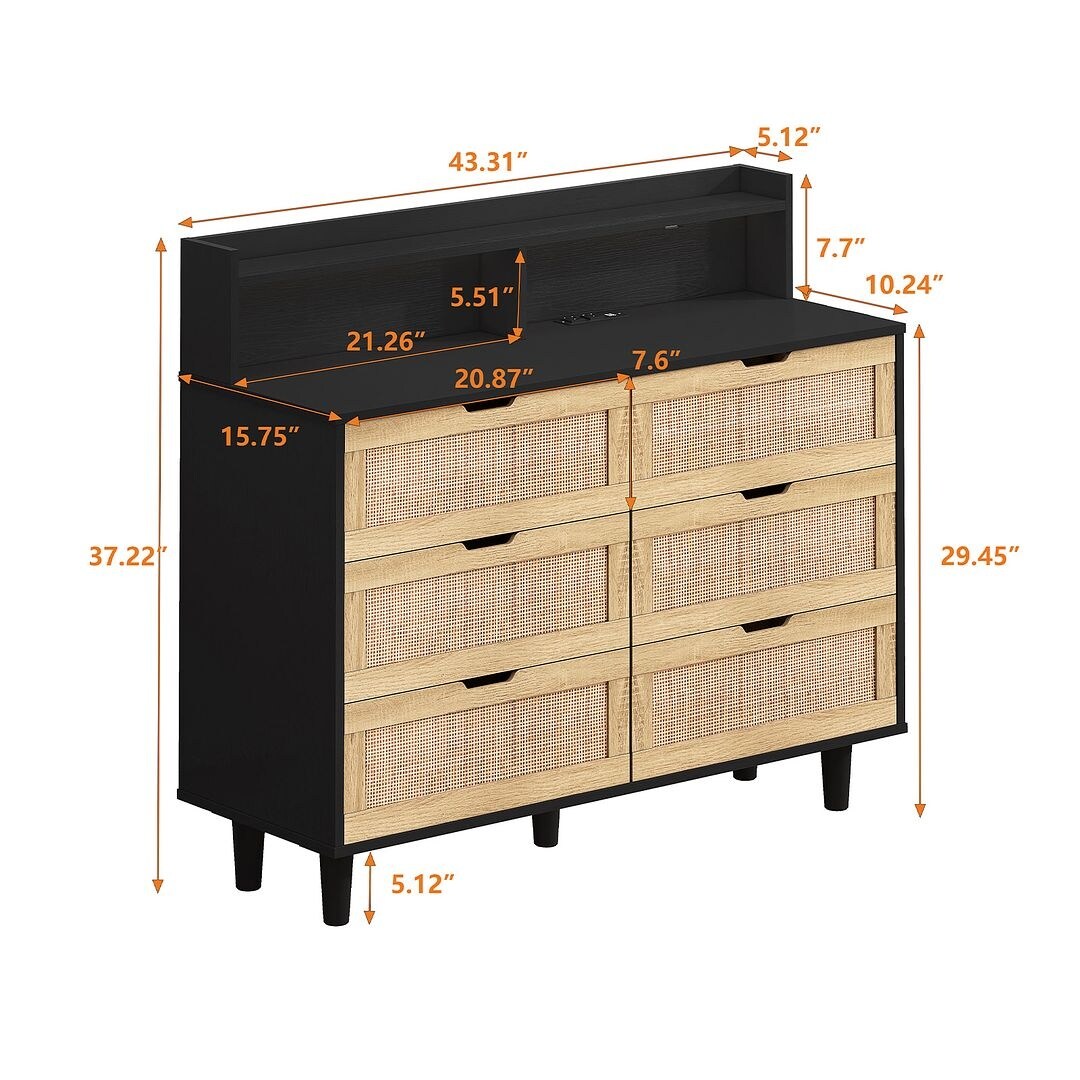 43-inch Wide 6-Drawer Dresser Cabinet with LED and Power Outlet