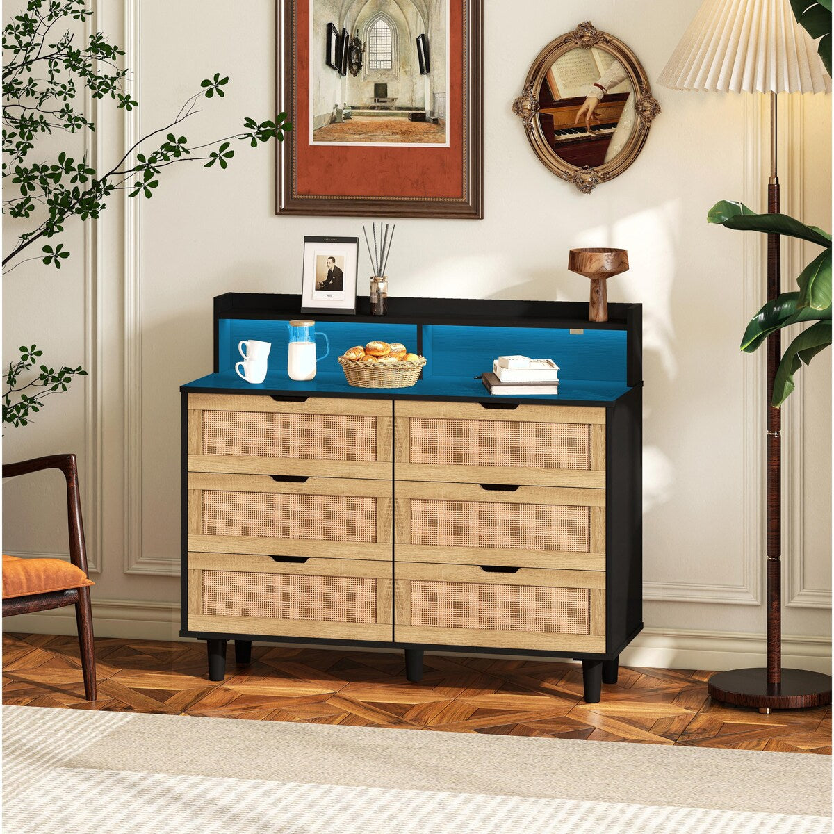 43.31" Rattan Storage Cabinet with 6 Drawers, LED Lights, and Power Outlet