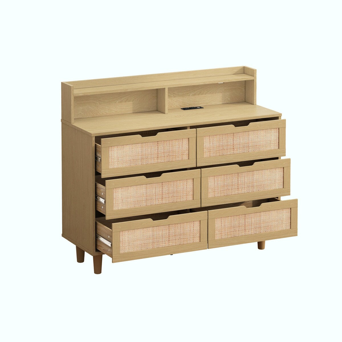43.31" Rattan Storage Cabinet with 6 Drawers, LED Lights, and Power Outlet