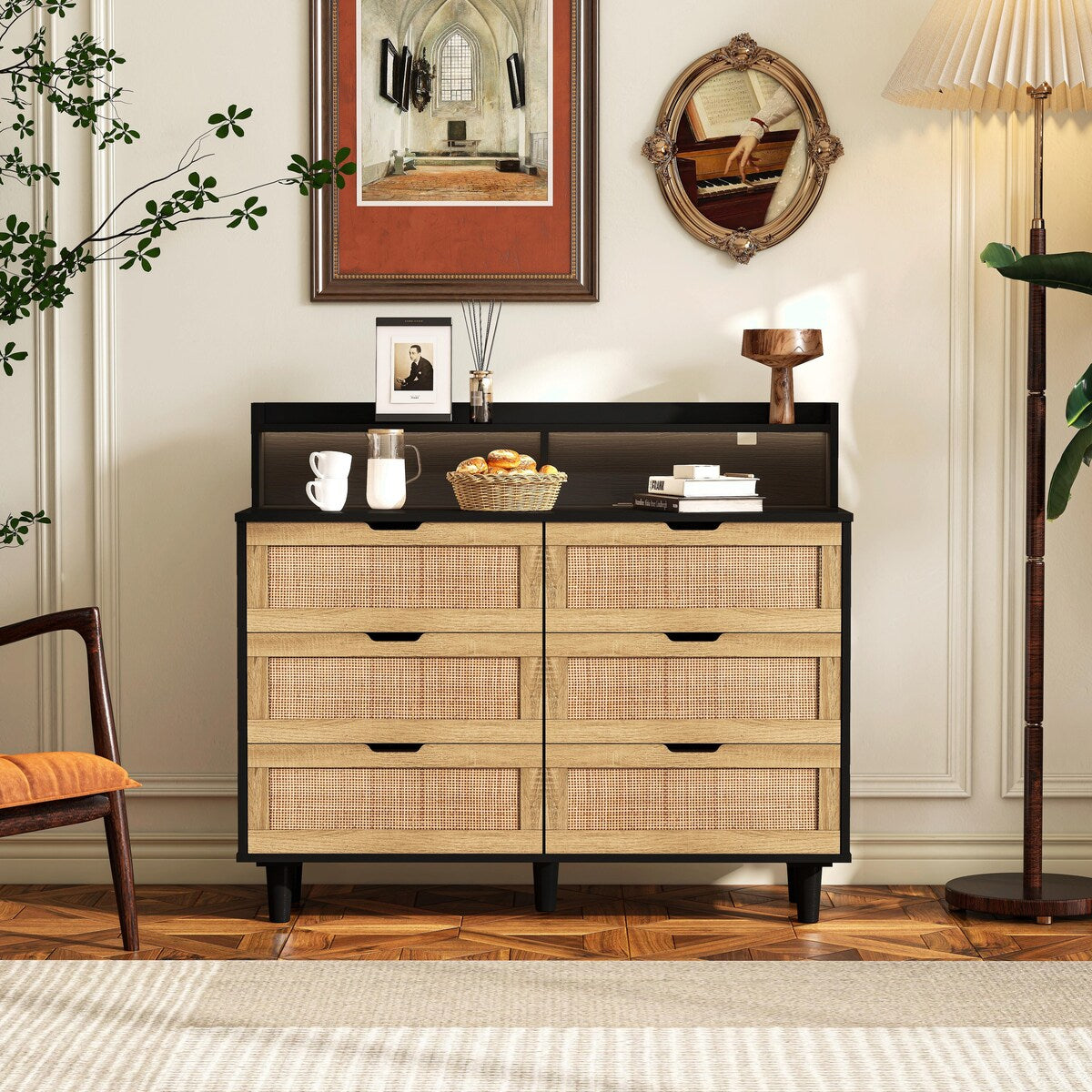 43.31" Rattan Storage Cabinet with 6 Drawers, LED Lights, and Power Outlet