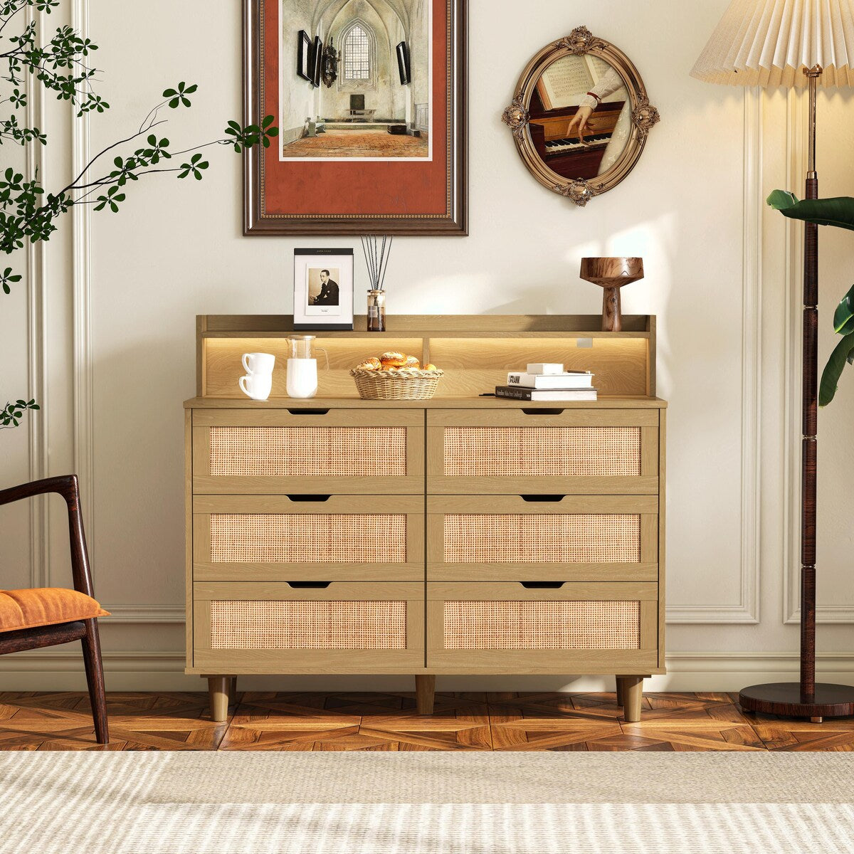 43.31" Rattan Storage Cabinet with 6 Drawers, LED Lights, and Power Outlet