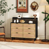 43.31" Rattan Storage Cabinet with 6 Drawers, LED Lights, and Power Outlet