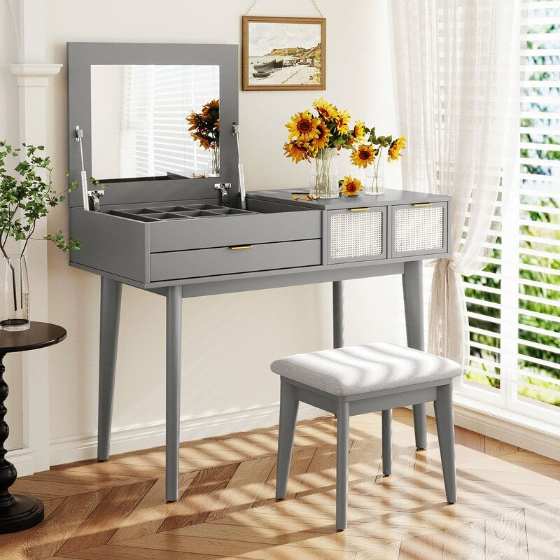 Wood Vanity Desk with Flip top Makeup Mirror Stool Dressing Table Overstock