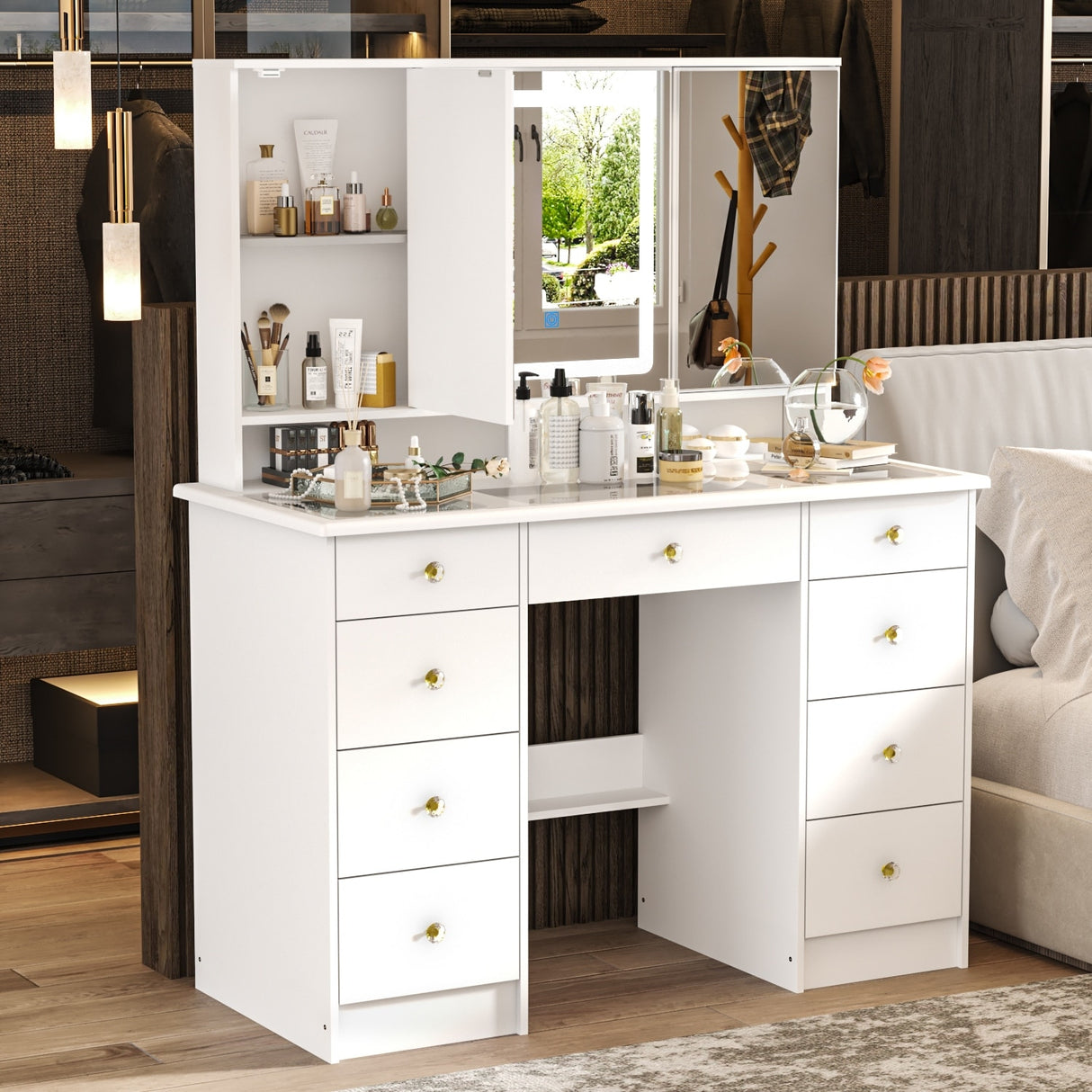 43.3"W 9 Drawers Makeup Vanity with Lights 3 Colors & Mirrors,White - 53.9"H