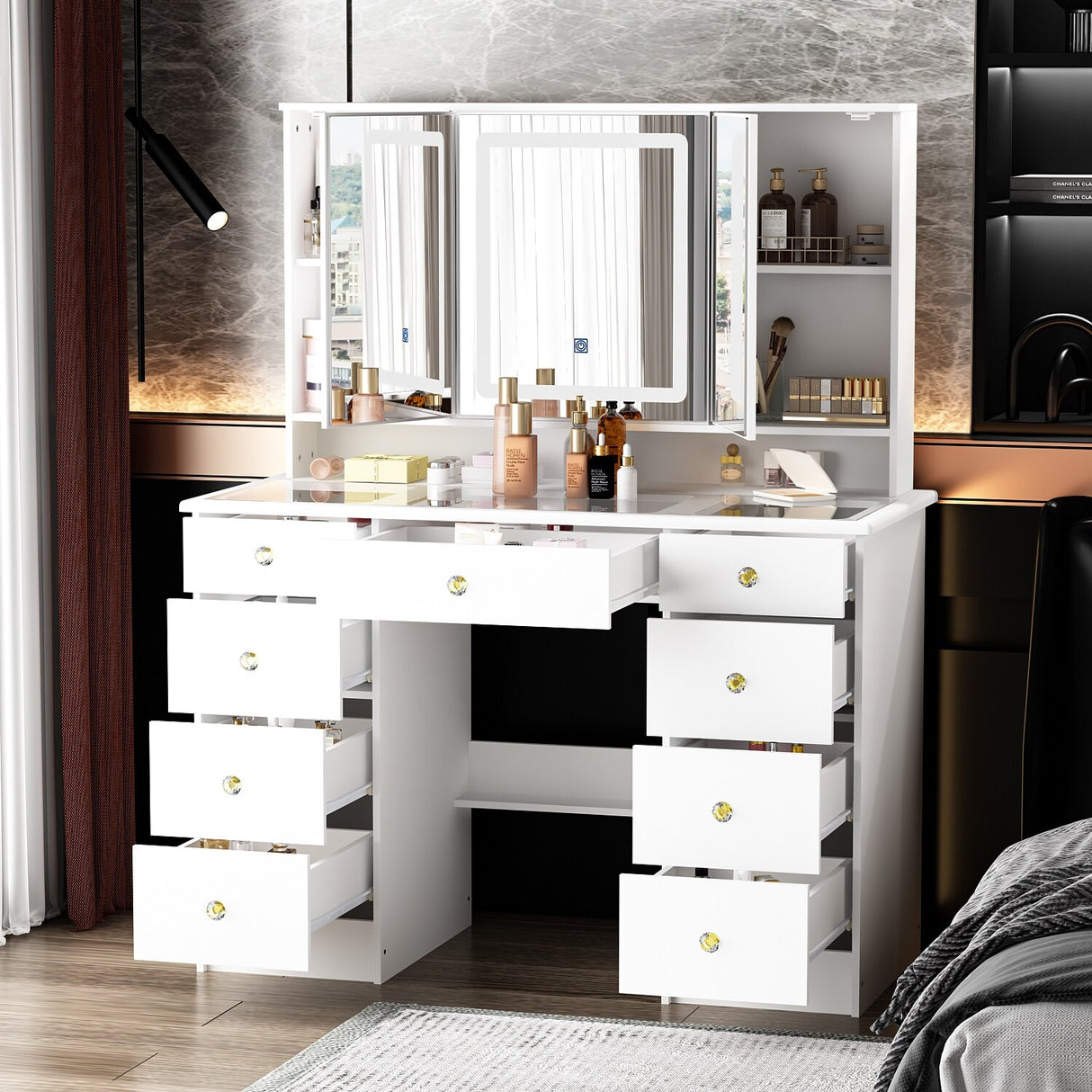 43.3"W 9 Drawers Makeup Vanity with Lights 3 Colors & Mirrors,White - 53.9"H