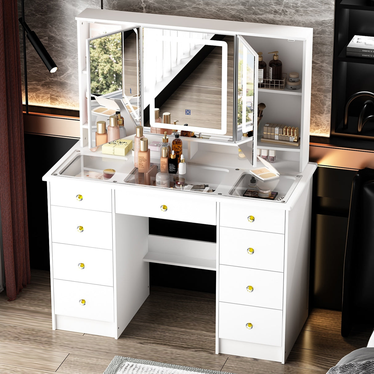 43.3"W 9 Drawers Makeup Vanity with Lights 3 Colors & Mirrors,White - 53.9"H