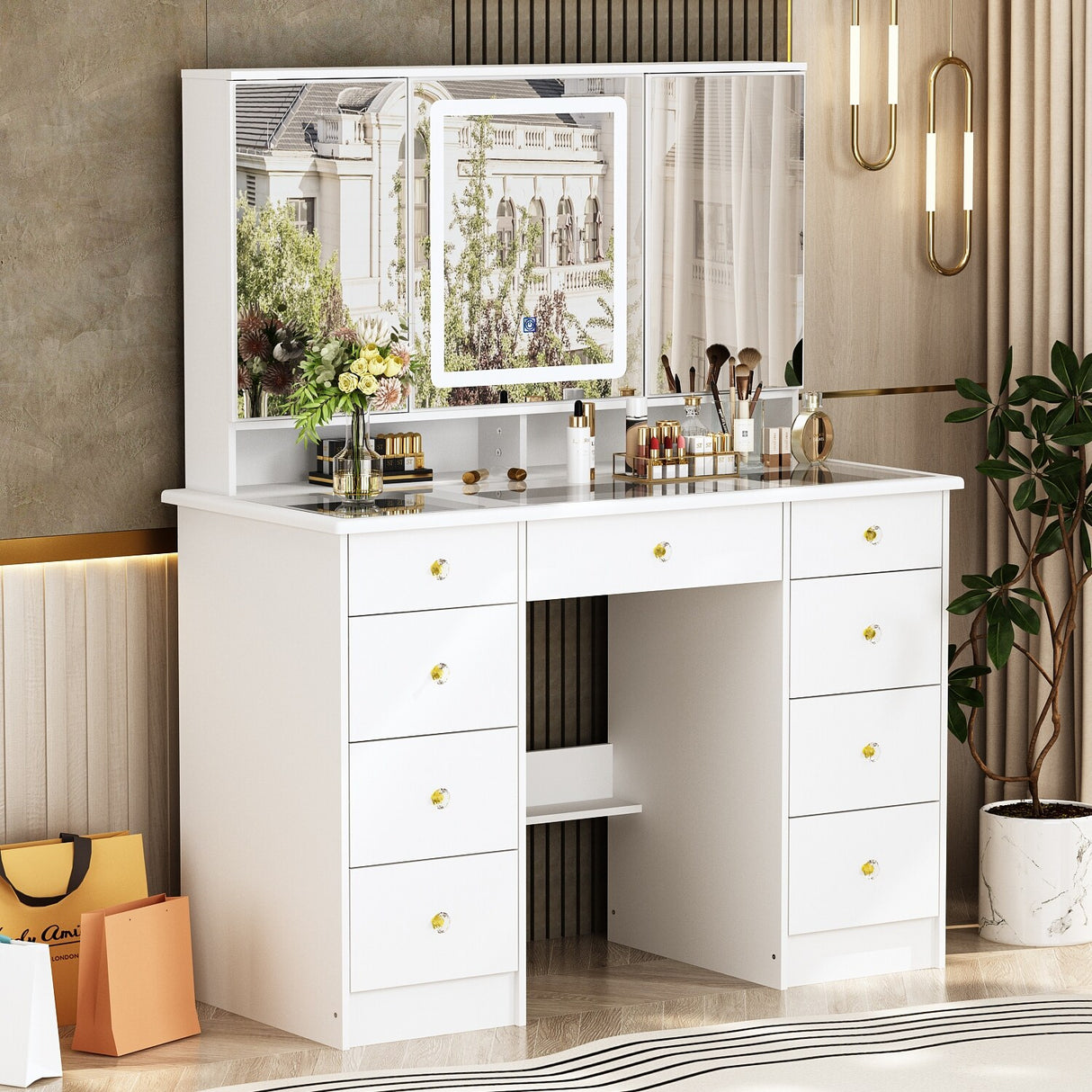 43.3"W 9 Drawers Makeup Vanity with Lights 3 Colors & Mirrors,White - 53.9"H