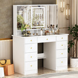 43.3"W 9 Drawers Makeup Vanity with Lights 3 Colors & Mirrors,White - 53.9"H
