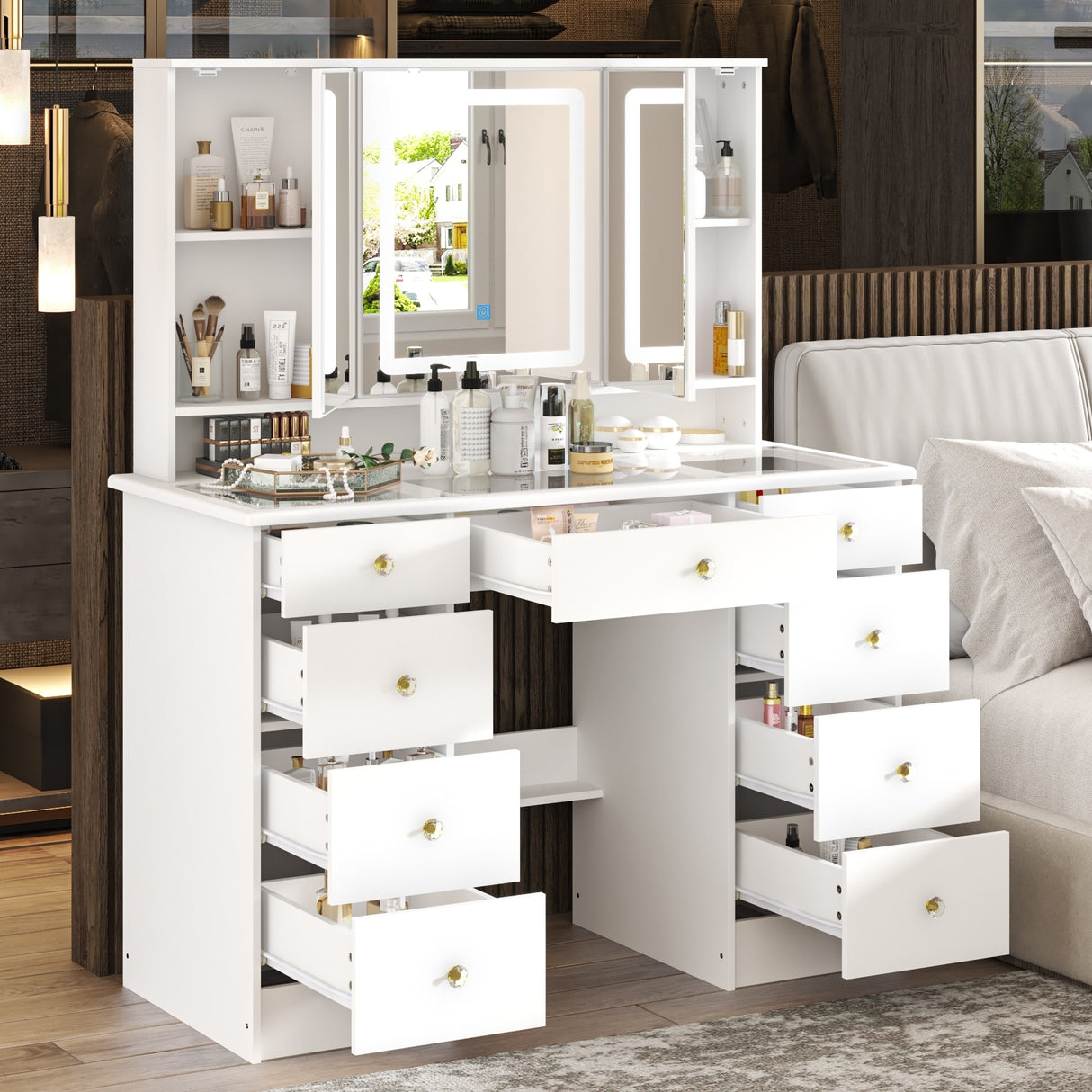 43.3"W 9 Drawers Makeup Vanity with Lights 3 Colors & Mirrors,White - 53.9"H