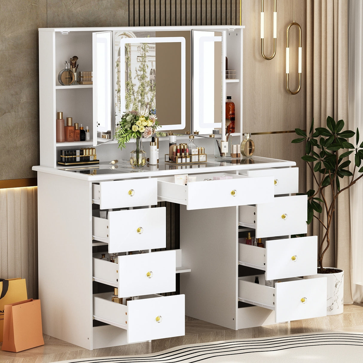 43.3"W 9 Drawers Makeup Vanity with Lights 3 Colors & Mirrors,White - 53.9"H