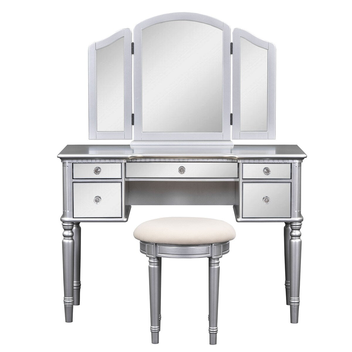 43" Dressing Table Set with Mirrored Drawers and Stool, Tri-fold Mirror, Makeup Vanity Set for Bedroom, Black