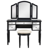 43" Dressing Table Set with Mirrored Drawers and Stool, Tri-fold Mirror, Makeup Vanity Set for Bedroom, Black