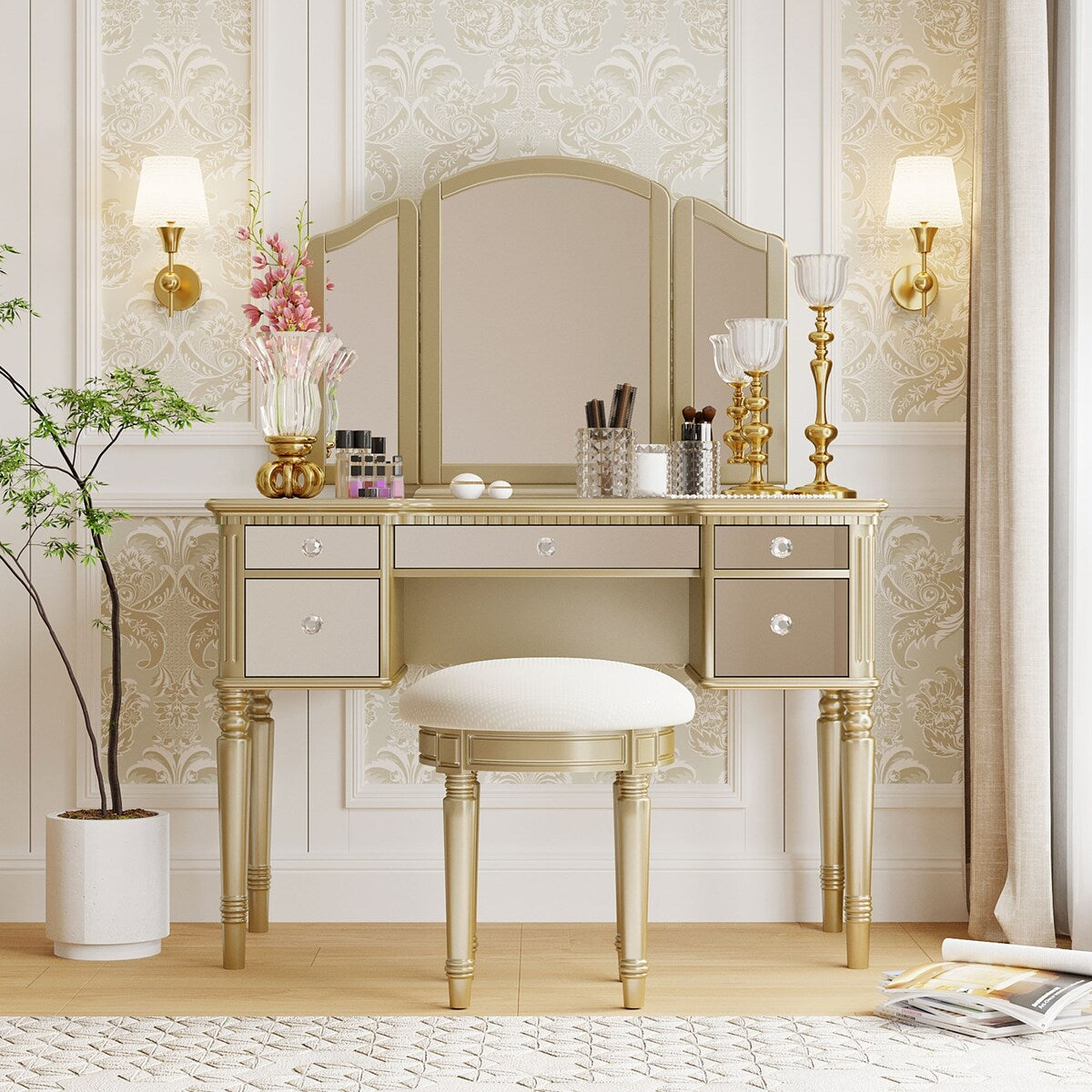 43" Dressing Table Set with Mirrored Drawers and Stool, Tri-fold Mirror, Makeup Vanity Set for Bedroom, Black