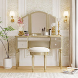 43" Dressing Table Set with Mirrored Drawers and Stool, Tri-fold Mirror, Makeup Vanity Set for Bedroom, Black