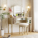 43" Dressing Table Set with Mirrored Drawers and Stool, Tri-fold Mirror, Makeup Vanity Set for Bedroom, Black