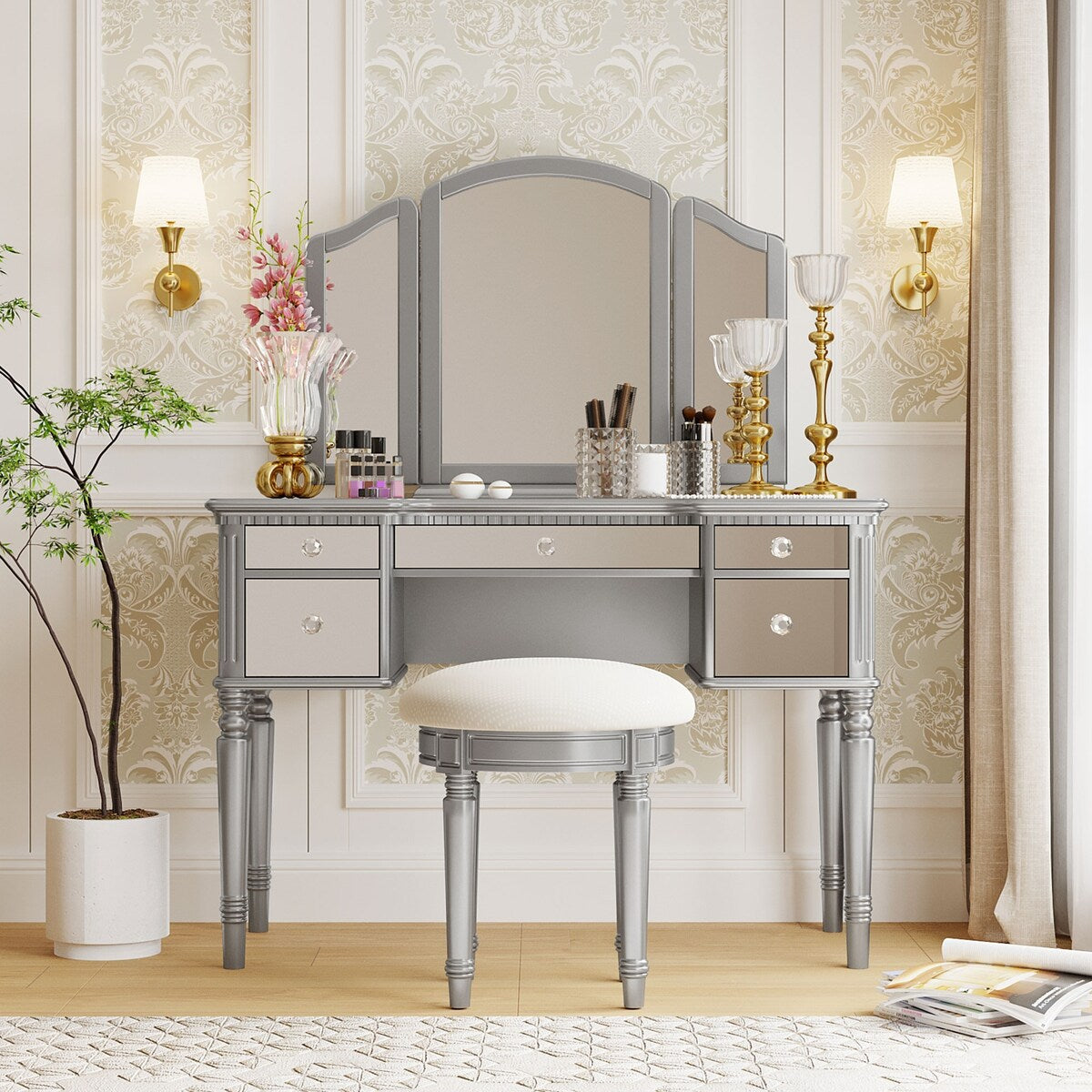 43" Dressing Table Set with Mirrored Drawers and Stool, Tri-fold Mirror, Makeup Vanity Set for Bedroom, Black