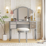 43" Dressing Table Set with Mirrored Drawers and Stool, Tri-fold Mirror, Makeup Vanity Set for Bedroom, Black