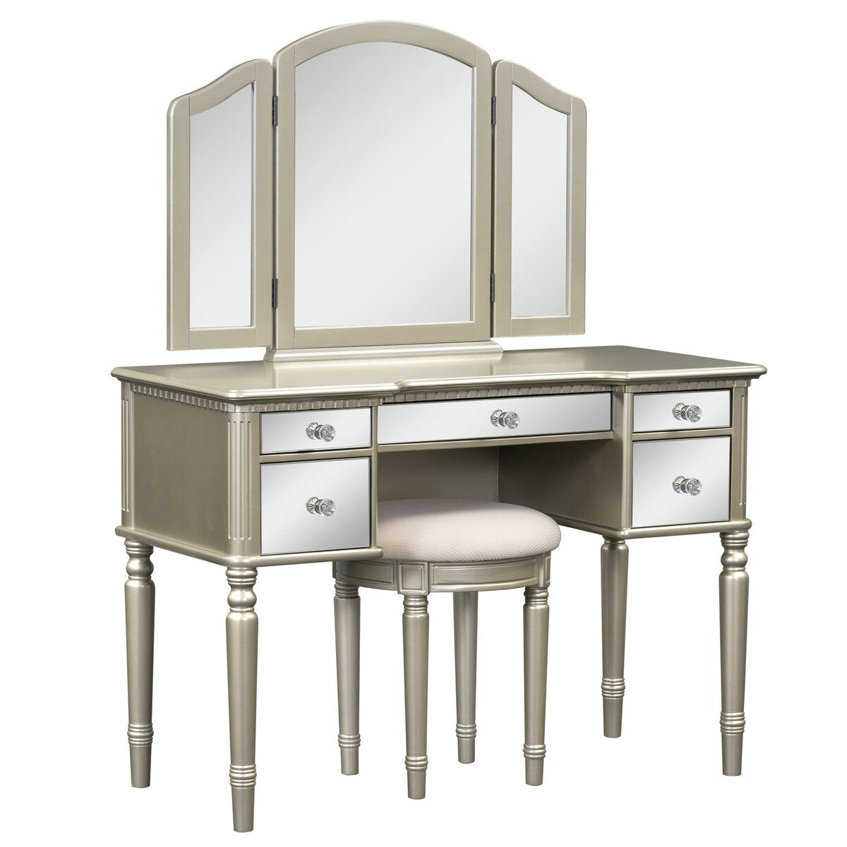 43" Dressing Table Set with Mirrored Drawers and Stool, Tri-fold Mirror, Makeup Vanity Set for Bedroom, Black