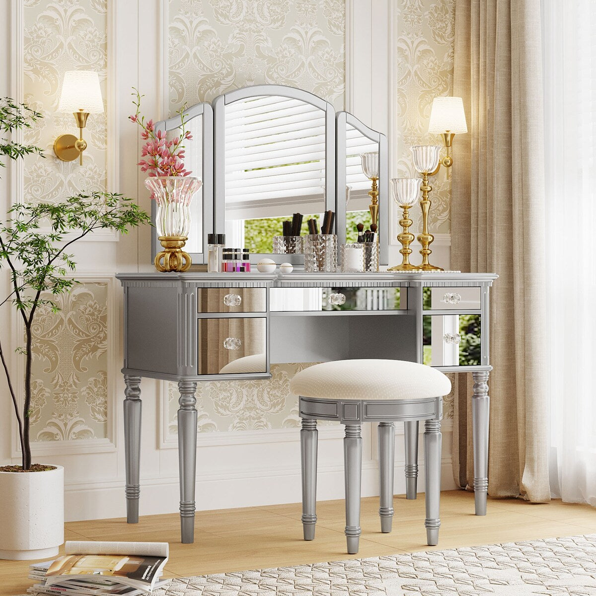 43" Dressing Table Set with Mirrored Drawers and Stool, Tri-fold Mirror, Makeup Vanity Set for Bedroom, Black