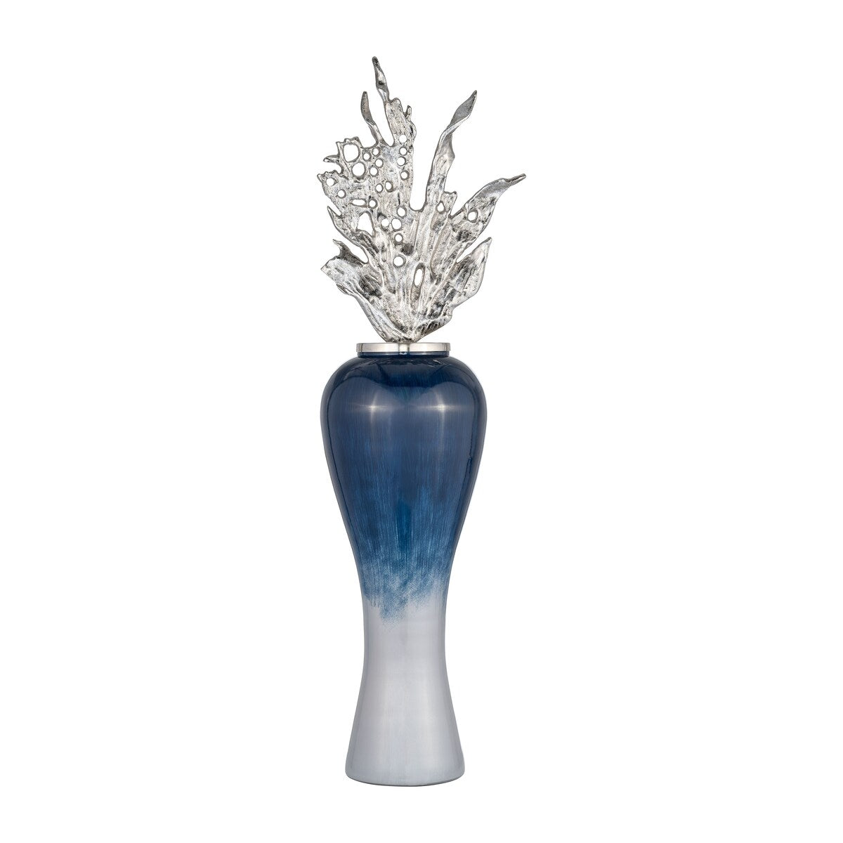 43" Large Glass Vase Creative Blue and White Ombre Vase with Silver Flame Topper Contemporary Stoneware for Home or