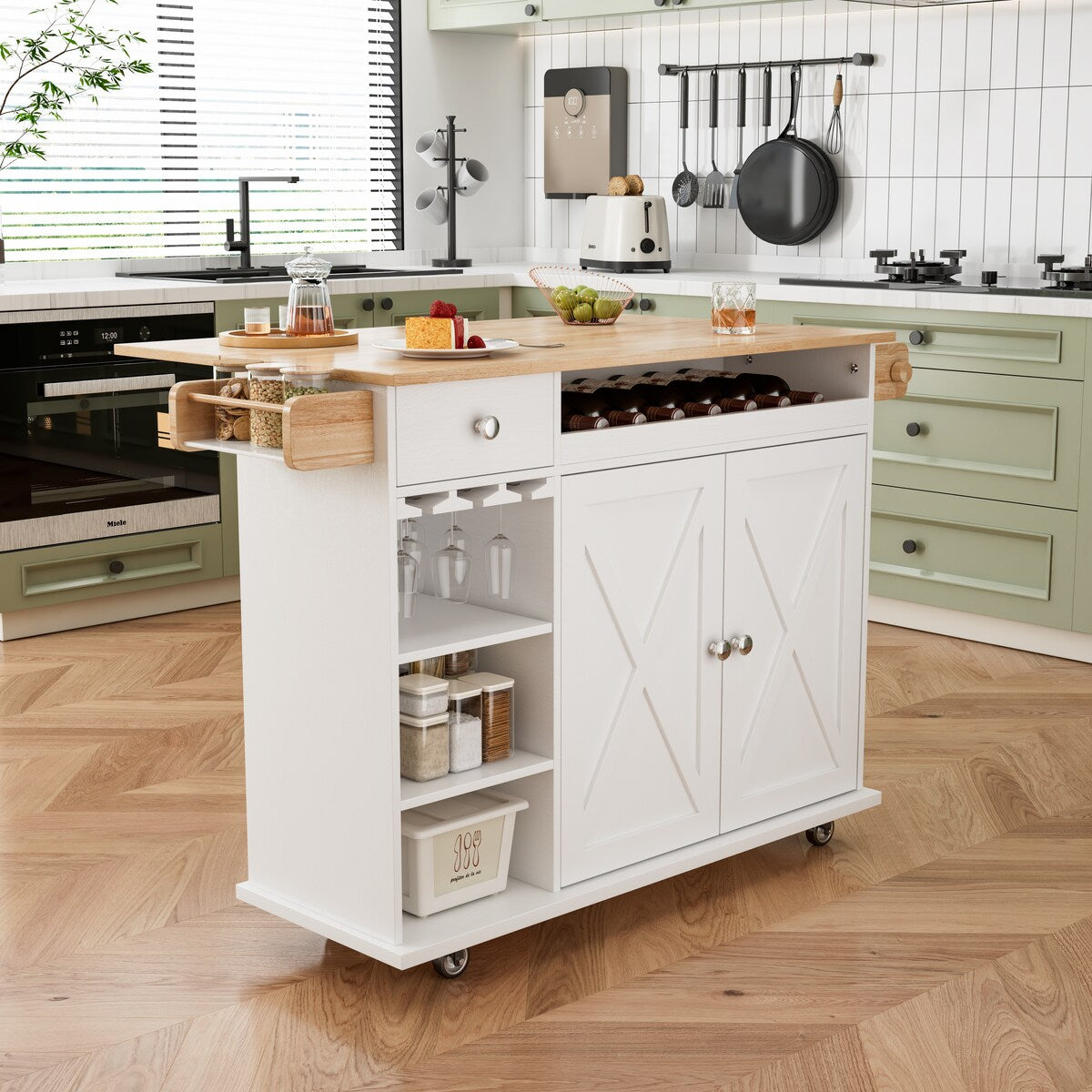 44 Inch Kitchen Island Cart with Solid Wood Top,Spice Rack,Wine Glass Holder,Rolling Table on Wheels,Tool-Free Installation
