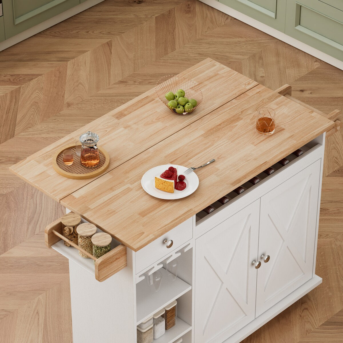 44 Inch Kitchen Island Cart with Solid Wood Top,Spice Rack,Wine Glass Holder,Rolling Table on Wheels,Tool-Free Installation