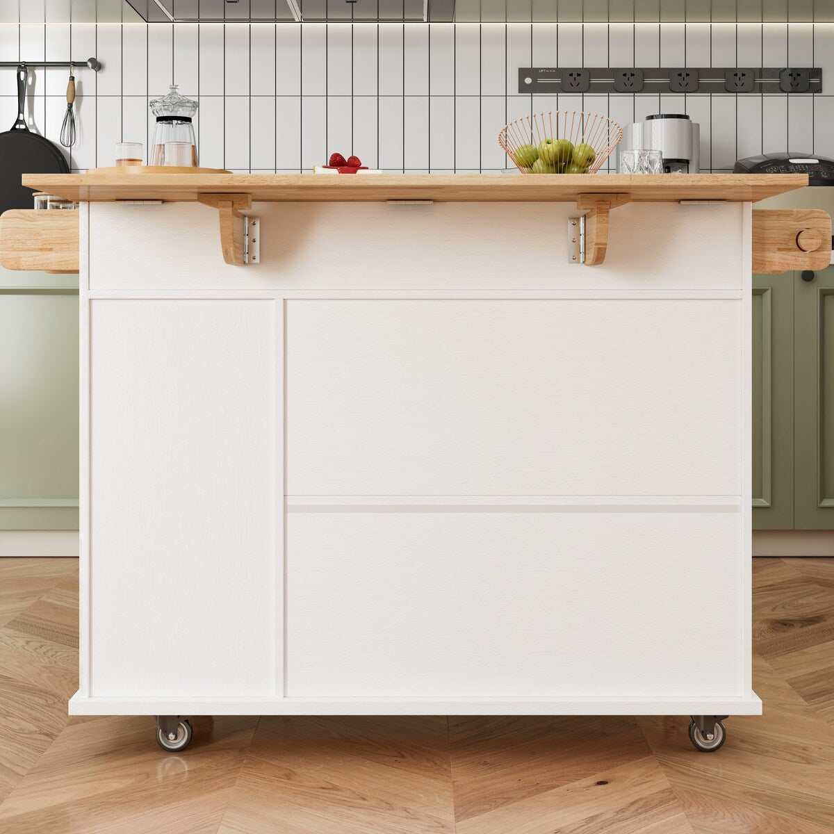 44 Inch Kitchen Island Cart with Solid Wood Top,Spice Rack,Wine Glass Holder,Rolling Table on Wheels,Tool-Free Installation