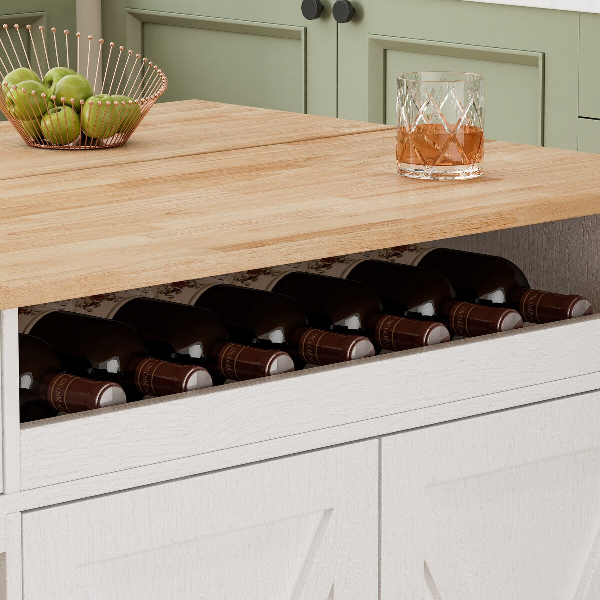44 Inch Kitchen Island Cart with Solid Wood Top,Spice Rack,Wine Glass Holder,Rolling Table on Wheels,Tool-Free Installation