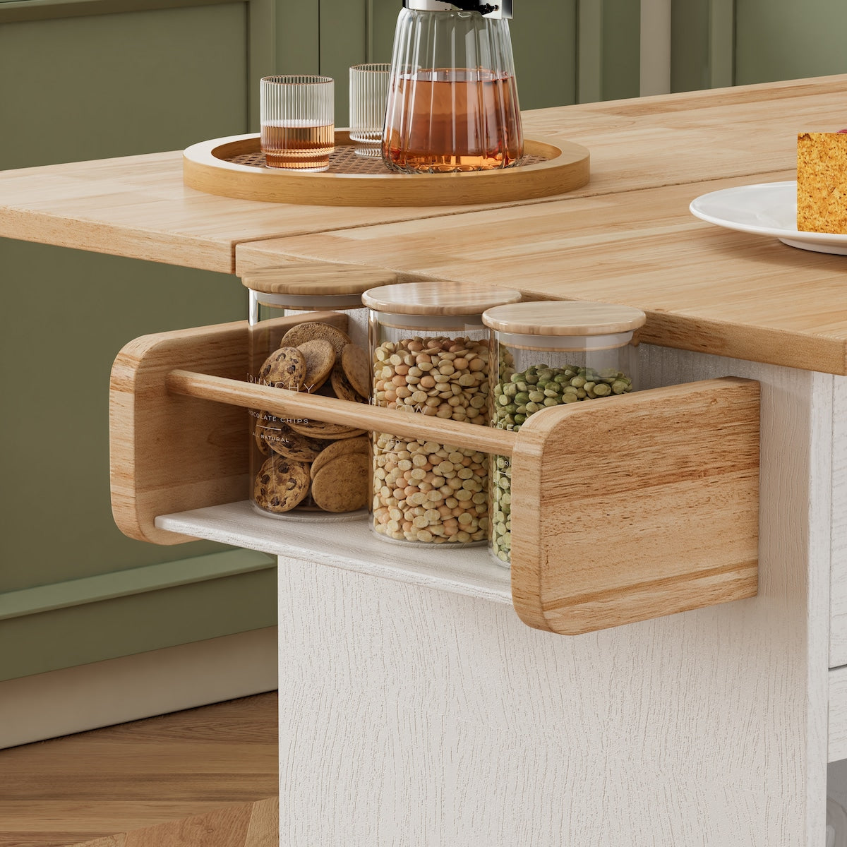 44 Inch Kitchen Island Cart with Solid Wood Top,Spice Rack,Wine Glass Holder,Rolling Table on Wheels,Tool-Free Installation