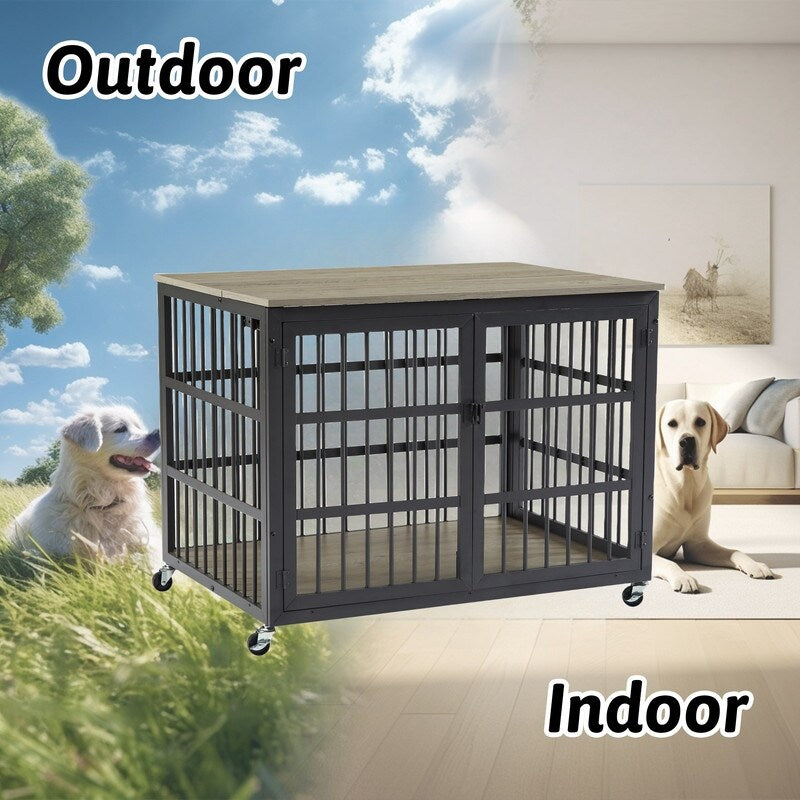 44.3 ''W Grey Furniture style dog crate wrought iron frame door with side openings